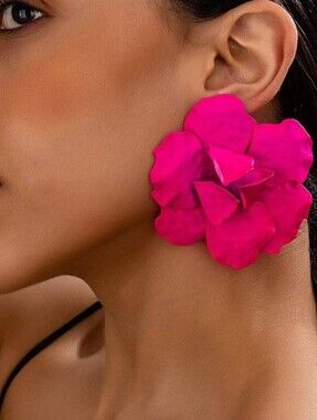 Bold Hot Pink Flower Statement Earrings - Women Jewelry